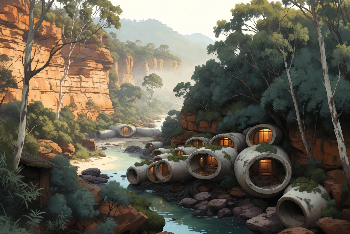 Moss-covered cylindrical dwellings built into a wooded sandstone valley beside a stream.
