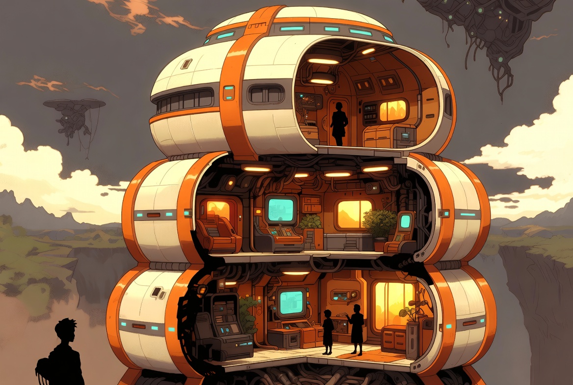 A cutaway stack of orange-and-white capsule rooms shows lit living spaces and silhouetted people.