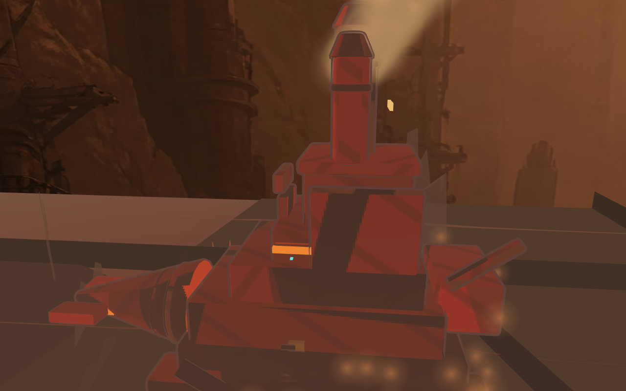 A massive red industrial machine crosses a dark ash-filled landscape beneath distant towers.